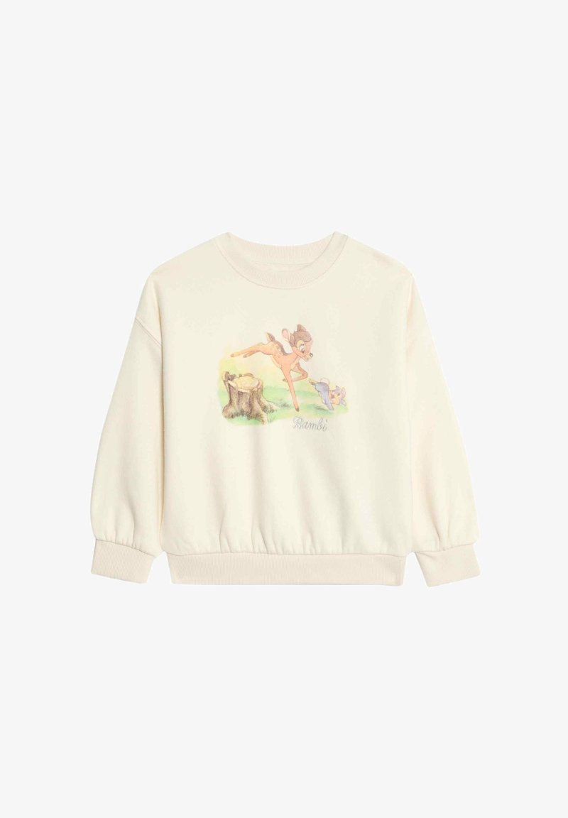 Cremefarvet sweatshirt med en Bambi-illustration, ribbede manchetter og kant samt en blød tekstur. Casual, afslappet passform.