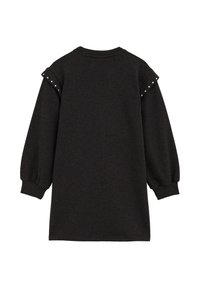 Vestito felpa nero con maniche lunghe, polsini arricciati e dettagli in volant con borchie sulle spalle. Tessuto morbido e vestibilità comoda.