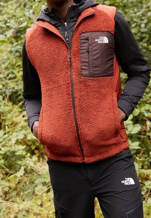 Mand iført rustfarvet fleecevest med sort brystlomme og sort The North Face-hættetrøje og bukser, stående udendørs i grønt område.