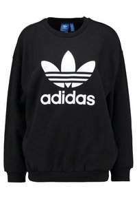 Svart Adidas sweatshirt med vitt trefoil-logotyp och "adidas" text på framsidan, rund hals, samt ribbad mudd och nederkant.