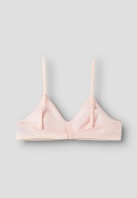 Pale pink bralette made of soft fabric with adjustable straps, triangular cups, and a scalloped trim along the bottom band.