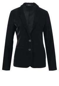 Černý sametový blejzr s jediným knoflíkovým zapínáním, vykrojeným klopou a dvěma předními kapsami; hladká textura a přizpůsobený střih.