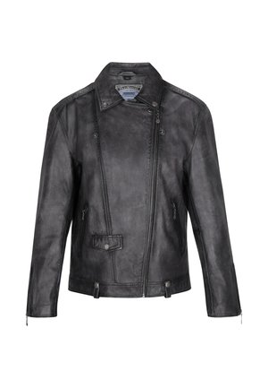 Černá kožená bunda s předním zipem, asymetrickým límcem, dvěma postranními zipovými kapsami a patentkovými detaily na hrudi a lemu.