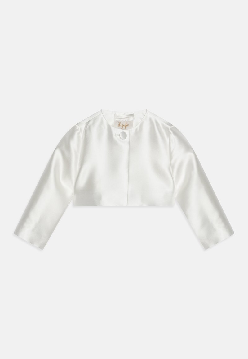 Veste courte en satin blanc avec manches longues, encolure ronde et fermeture par un seul bouton. Texture lisse avec un léger éclat.