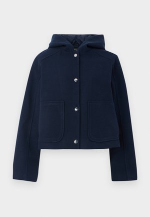 Navyblaues Kapuzenshirt mit langen Ärmeln, vorderen Druckknöpfen und zwei großen Fronttaschen, auf einem weißen Hintergrund präsentiert.