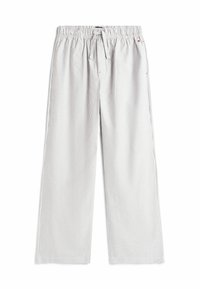 Gestreepte brede broek in wit en lichtgrijs katoen met een elastische tailleband, koord en rode accentstiksels.