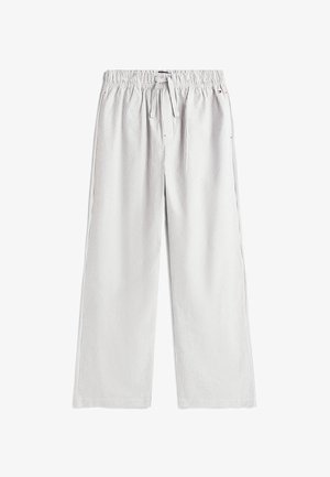 Gestreepte brede broek in wit en lichtgrijs katoen met een elastische tailleband, koord en rode accentstiksels.