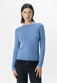 Blå ribbstickad tröja med långa ärmar och rund halsringning, i kombination med mörka jeans. Tyget verkar mjukt med en bekväm passform.