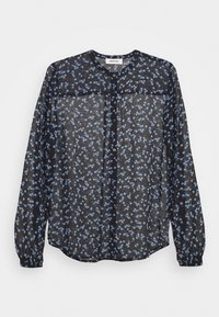 Schwarzes floral bedrucktes Hemd mit langen Ärmeln, aus transparentem Material, mit kleinen blauen Blumen und einer durchgehenden Knopfleiste sowie einem runden Ausschnitt.