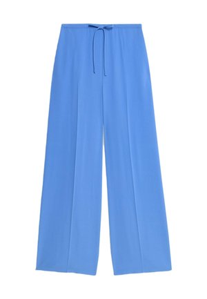 Pantalon large bleu en tissu lisse, avec une taille à cordon de serrage, des lignes épurées et une coupe décontractée. Aucuns motifs ou accents visibles.