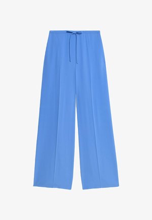 Blue wide-leg pants made of smooth fabric, featuring a drawstring waist, clean lines, and a relaxed fit. No visible patterns or accents.