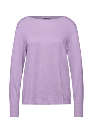 Suéter de manga larga en color lila, tejido de punto suave, corte holgado, escote amplio, puños y dobladillo acanalados, costuras mínimas, diseño simple.