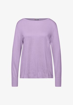 Lila lange mouwen trui, zachte gebreide stof, relaxte pasvorm, ruime halslijn, ribgebreide manchetten en onderrand, minimale naden, eenvoudig ontwerp.