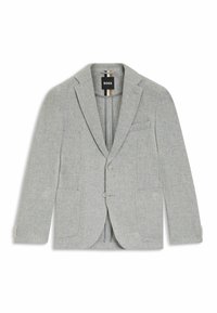 Lichtgrijze blazer gemaakt van gestructureerde stof. Beschikt over een geknopte revers, twee voorzakken en twee knopen. Merklabel zichtbaar van binnen.