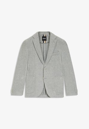 Blazer grigio chiaro realizzato in tessuto testurizzato. Presenta un risvolto a punta, due tasche frontali e due bottoni. Etichetta del marchio visibile all'interno.