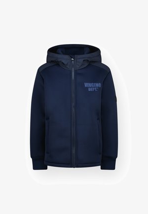 Felpa con zip color navy, dotata di cappuccio foderato, tasche laterali e logo stampato "VINGINO DEPT." sul petto. Tessuto liscio con una finitura leggermente opaca.