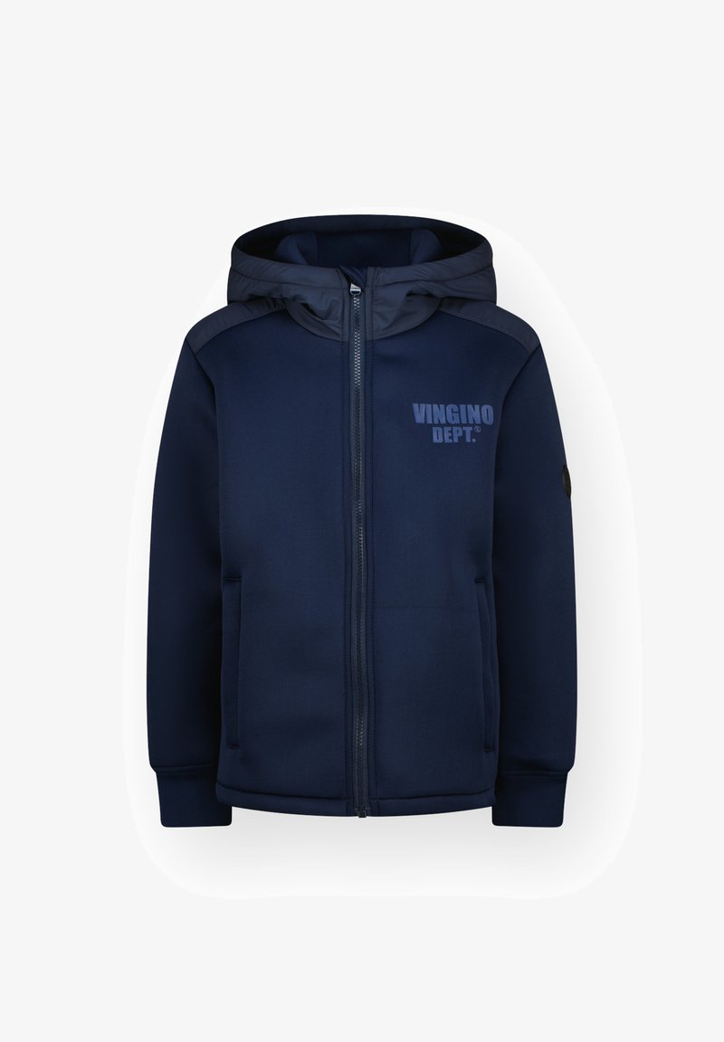 Hoodie zippé bleu marine avec une capuche doublée, des poches latérales et le logo "VINGINO DEPT." imprimé sur la poitrine. Tissu lisse avec une finition légèrement mate.