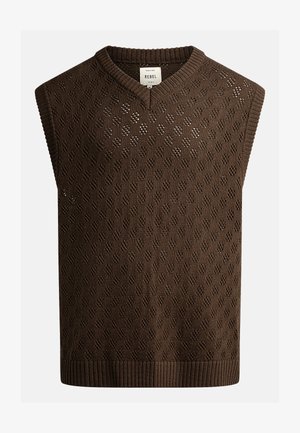Brown knitted sleeveless sweater with a V-neck, featuring a diamond pattern and ribbed edges. Made from breathable material.