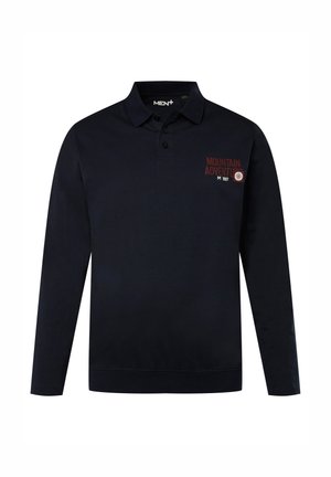 Marineblaue Langarm-Polohemd aus Baumwolle mit Kragen. Mit Frontschriftzug "MOUNTAIN ADVENTURE" und einem runden Logodetail.