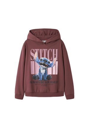 Sweat à capuche marron avec le personnage de dessin animé Stitch souriant, grand texte "STITCH," et slogan "Always be yourself" sur le devant.