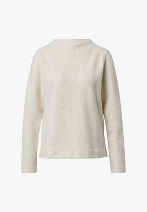 Pull long léger beige à manches longues avec un col rond, fabriqué en tissu doux, doté d'une longueur droite et de coutures minimales. Design simple.