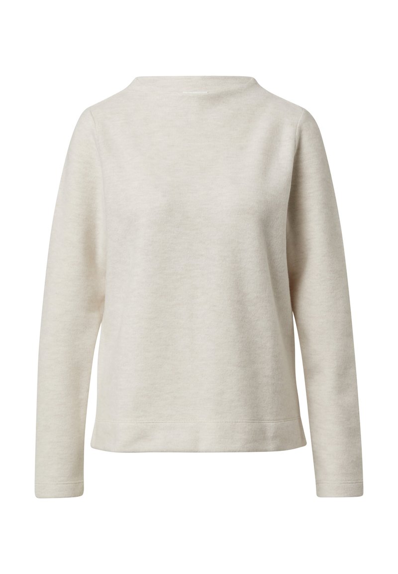 Jasnobeżowy sweter z długim rękawem i okrągłym dekoltem, wykonany z miękkiego materiału, z prostym dołem i minimalną liczbą szwów. Prosty design.