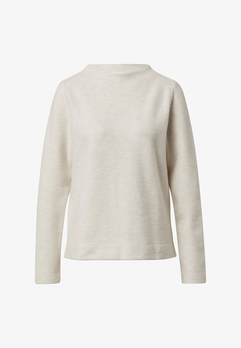 Jasnobeżowy sweter z długim rękawem i okrągłym dekoltem, wykonany z miękkiego materiału, z prostym dołem i minimalną liczbą szwów. Prosty design.