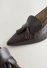 Braune Lederloafer mit spitz zulaufendem Design, ausgestattet mit einer dekorativen Quaste, Stichdetails und einer glatten Textur.