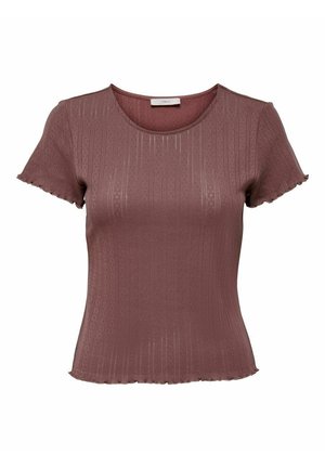 Top mauve à manches courtes avec une texture côtelée, présentant un design ajusté et des bords festonnés. Encolure ronde simple.