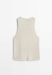 Haut en tricot beige sans manches avec un col rond, un motif texturé et une coupe décontractée. L'ourlet est légèrement arrondi, mettant en valeur un design casual.