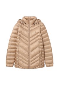 Doudoune beige avec un motif matelassé en chevron, capuche et fermeture éclair. Comprend des poignets élastiques et deux poches latérales pour plus de commodité.