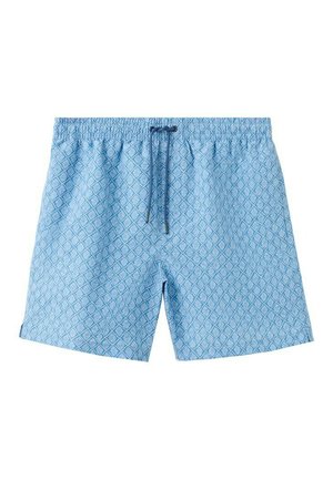 Costume da bagno da uomo azzurro chiaro con motivo a rombi, vita elasticizzata e coulisse blu scuro su sfondo bianco.