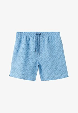 Light blue men's swim shorts with diamond pattern, elastic waistband, and dark blue drawstring on a white background.