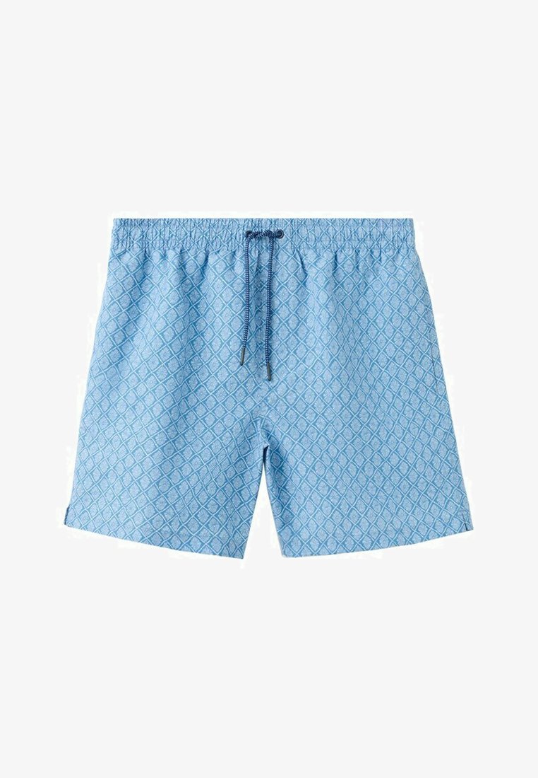 Shorts de bain pour hommes bleu clair avec motif en losange, taille élastique et cordon de serrage bleu foncé sur fond blanc.