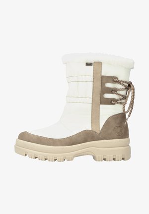 Weiße wasserdichte Winterstiefel mit beigefarbenen Wildledereinsätzen, Kunstfellabschluss, gepolstertem Schaft und rutschfester Gummisohle.