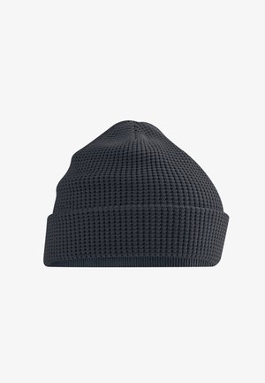 Black knit beanie with a waffle texture and folded cuff shown on a white background.