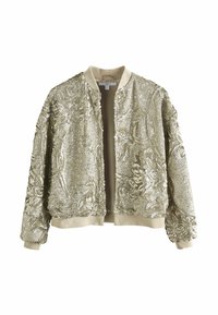 Gold sequined bomber jacket with a ribbed collar and cuffs, featuring textured floral patterns and a soft, beige lining.