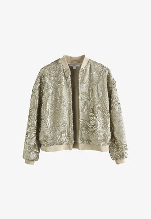Złota bomberka z cekinami, ze ściągaczem przy kołnierzu i mankietach, ozdobiona teksturowanymi wzorami kwiatowymi i miękką, beżową podszewką.