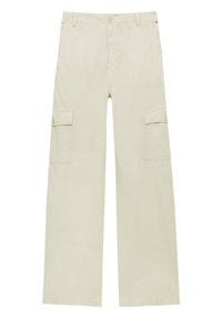 Pantalon cargo beige en coton, doté d'une coupe droite, de deux poches latérales à rabats et d'une fermeture par bouton.