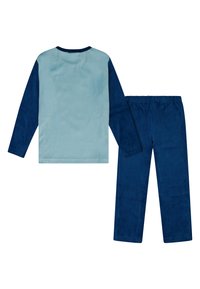 Conjunto de pijama de forro polar que consiste en una parte superior de manga larga azul claro con mangas azul marino y pantalones a juego en azul con cintura elástica.