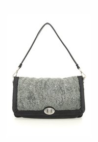Borsa a spalla grigia con paillettes e rifiniture in pelle nera, dotata di una chiusura ovale argentata e un'unica tracolla regolabile.