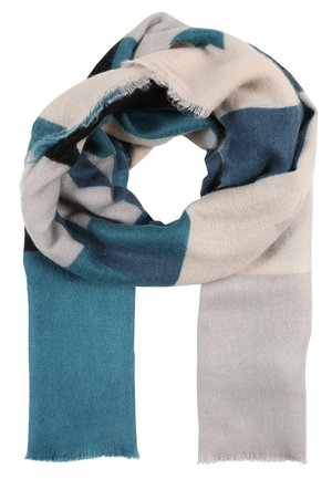 Soft wool scarf with wide stripes in teal, navy, beige, and black, loosely looped with fringed edges.