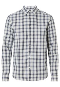 Overhemd met knopen, met een witte basis en een marineblauw en blauw ruitpatroon. Lange mouwen en een klassieke boord. Gemaakt van lichte stof.