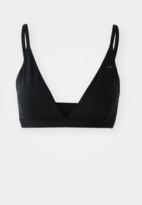 Black bra with a triangular shape, made of smooth fabric, featuring thin adjustable straps and a small logo on one side.