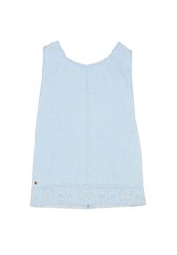 Lichtblauw denim tanktop met een ronde halslijn, voorzien van een decoratieve geborduurde zoom en zonder mouwen voor een ontspannen pasvorm.