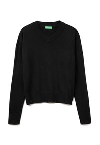 Czarny sweter w serek wykonany z dzianiny. Posiada długie rękawy oraz ściągacze przy mankietach i dolnej krawędzi. Prosty design bez wzorów czy zdobień.