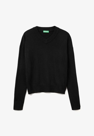 Maglione nero a V in tessuto knit. Presenta maniche lunghe e polsini e orlo a coste. Design semplice senza motivi o decorazioni.