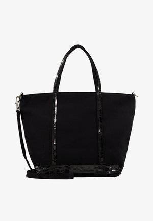 Sac cabas en toile noire avec des accents en sequins, doté de deux poignées robustes et d'une bandoulière réglable. Design simple et fonctionnel.