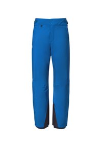 Blaue Outdoor-Hosen mit glatter Textur, tailliertem Schnitt, Knopfverschluss und schwarzen Akzenten an den Säumen. Ideal für aktive Nutzung.