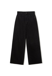 Široké čierne denimmové nohavice s vysokým pásom, s gombíkovým zapínaním, piatimi vreckami a viditeľným šitím pozdĺž švov.